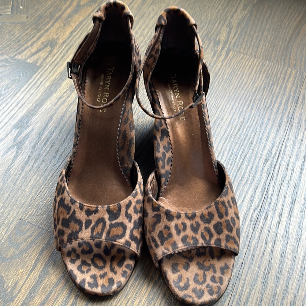 Women’s Taryn Rose Brown/Black Leopard Print Leather Wedge Sandals Size 38.5